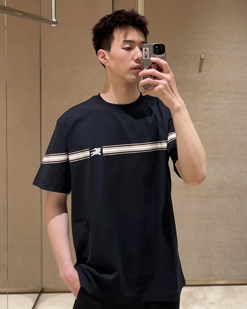 バーバリー  ストライプ装飾小さな軍馬刺繍ファッション半袖Tシャツ