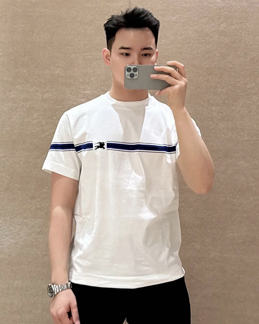 バーバリー  ストライプ装飾小さな軍馬刺繍ファッション半袖Tシャツ