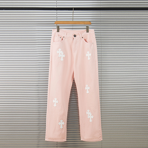 クロムハーツ限定 少女風 桜色 ピンク レザーパッチ デニムパンツ レディース