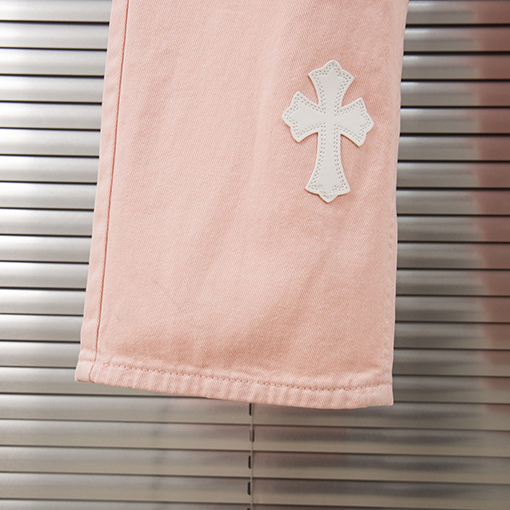 クロムハーツ限定 少女風 桜色 ピンク レザーパッチ デニムパンツ レディース
