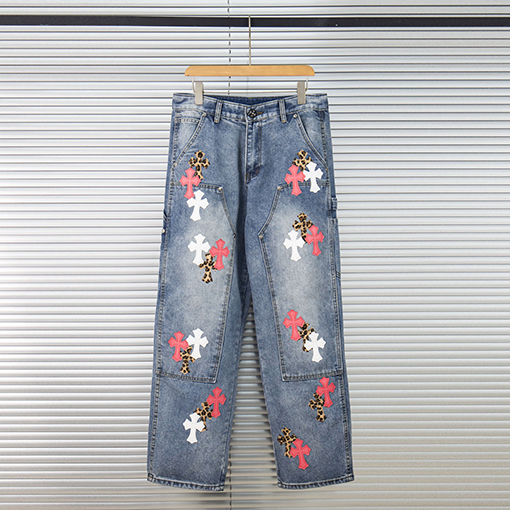 クロムハーツ青と白の多色の革のスプラッシュデニムパンツ