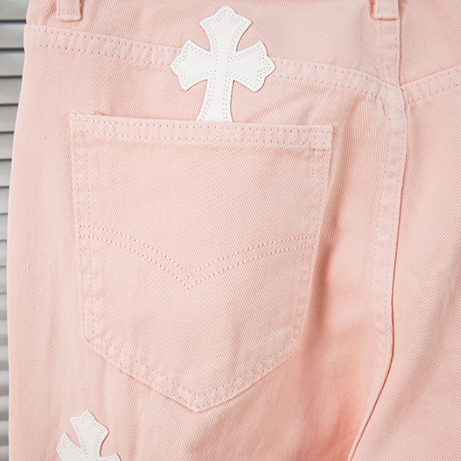 クロムハーツ限定 少女風 桜色 ピンク レザーパッチ デニムパンツ レディース