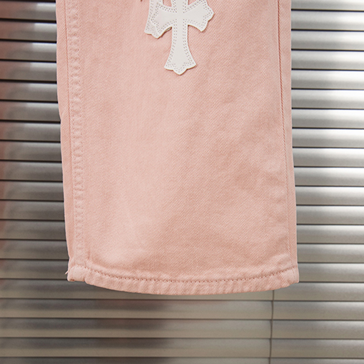 クロムハーツ限定 少女風 桜色 ピンク レザーパッチ デニムパンツ レディース