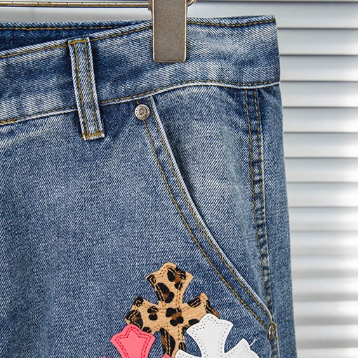クロムハーツ青と白の多色の革のスプラッシュデニムパンツ