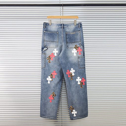 クロムハーツ青と白の多色の革のスプラッシュデニムパンツ