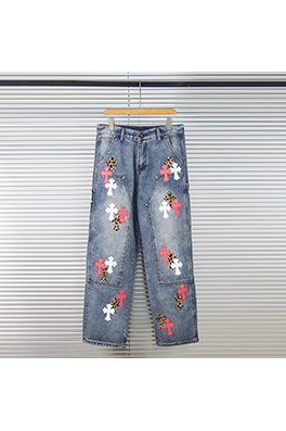 クロムハーツ青と白の多色の革のスプラッシュデニムパンツ