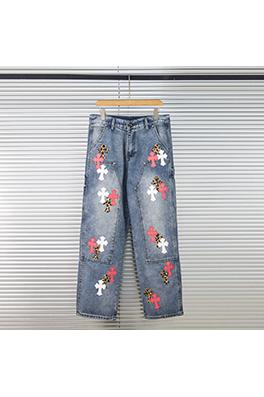 クロムハーツ青と白の多色の革のスプラッシュデニムパンツ